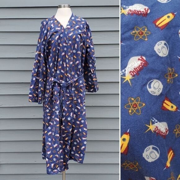 Vintage 90s y2k Handmade Atomic Space Cadet Rocket Atom Print Belted Robe - Picture 1 of 5